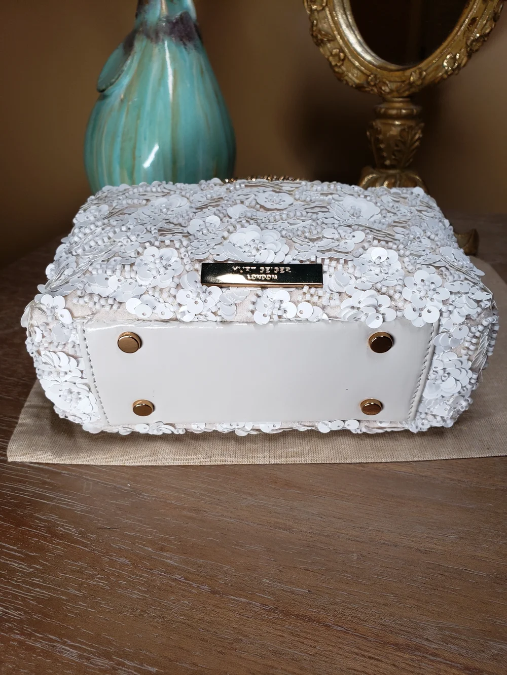 Kurt Geiger White Sequin Beaded Floral Top-Handle Satchel w/ Crossbody NWT! - Picture 10 of 17